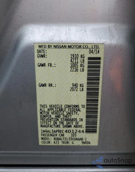 2014 Nissan Altima 2.5 z USA, uszkodzony, nr VIN 1N4AL3AP9EC401244